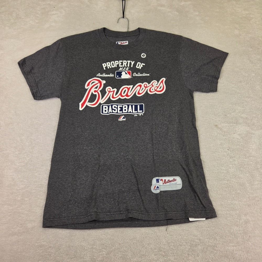 Majestic MLB Atlanta Braves Property Of Baseball Graphic T-Shirt Gray Medium